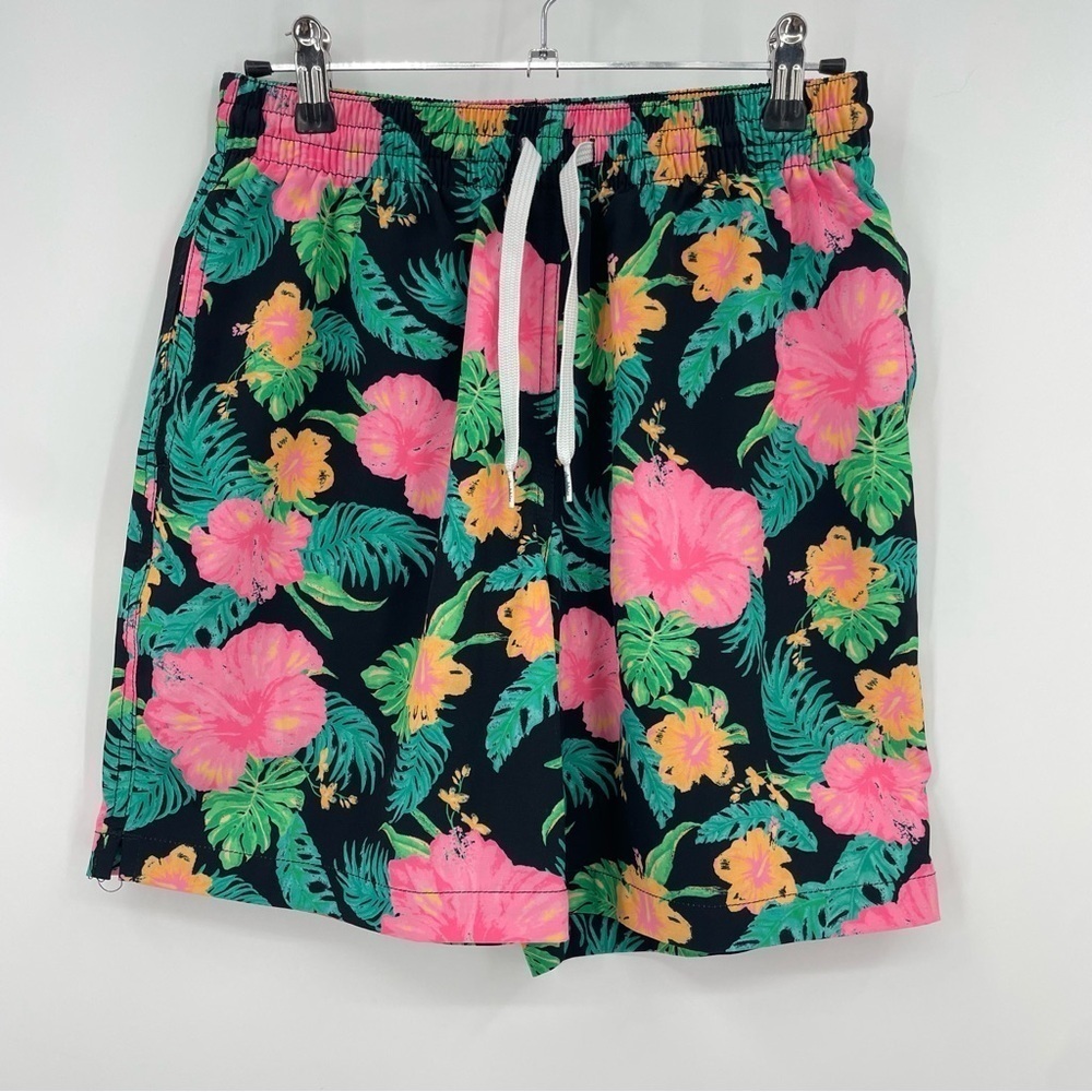 chubbies Black Swim Trunks with Pink & Green Tropical Floral